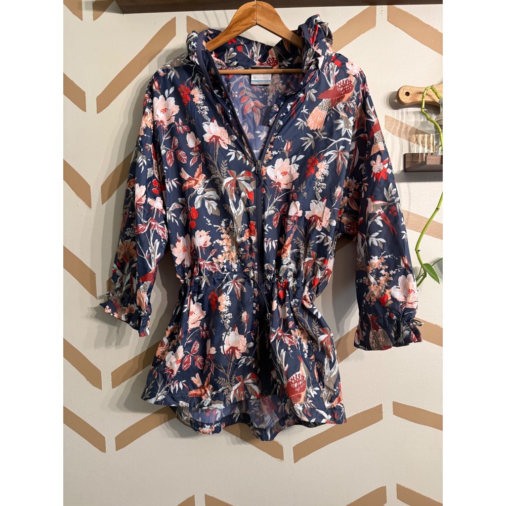 Columbia Raincoat Women Large Blue Floral Bird Print Hooded Drawstring Jacket